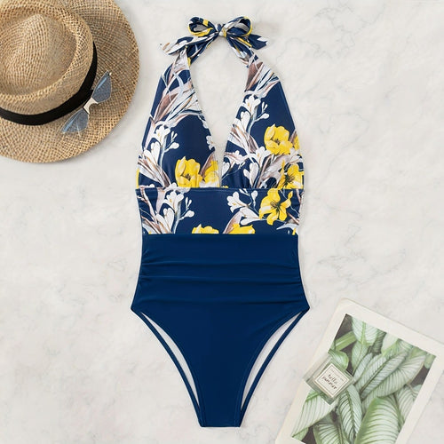 Damen Einteiliger Badeanzug mit floralem Design und Langen Bindebändern Drune