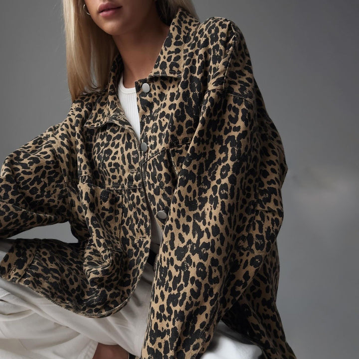 Damen Oversize-Jeansjacke mit Leopardenprint und aufgesetzten Brusttaschen Drune