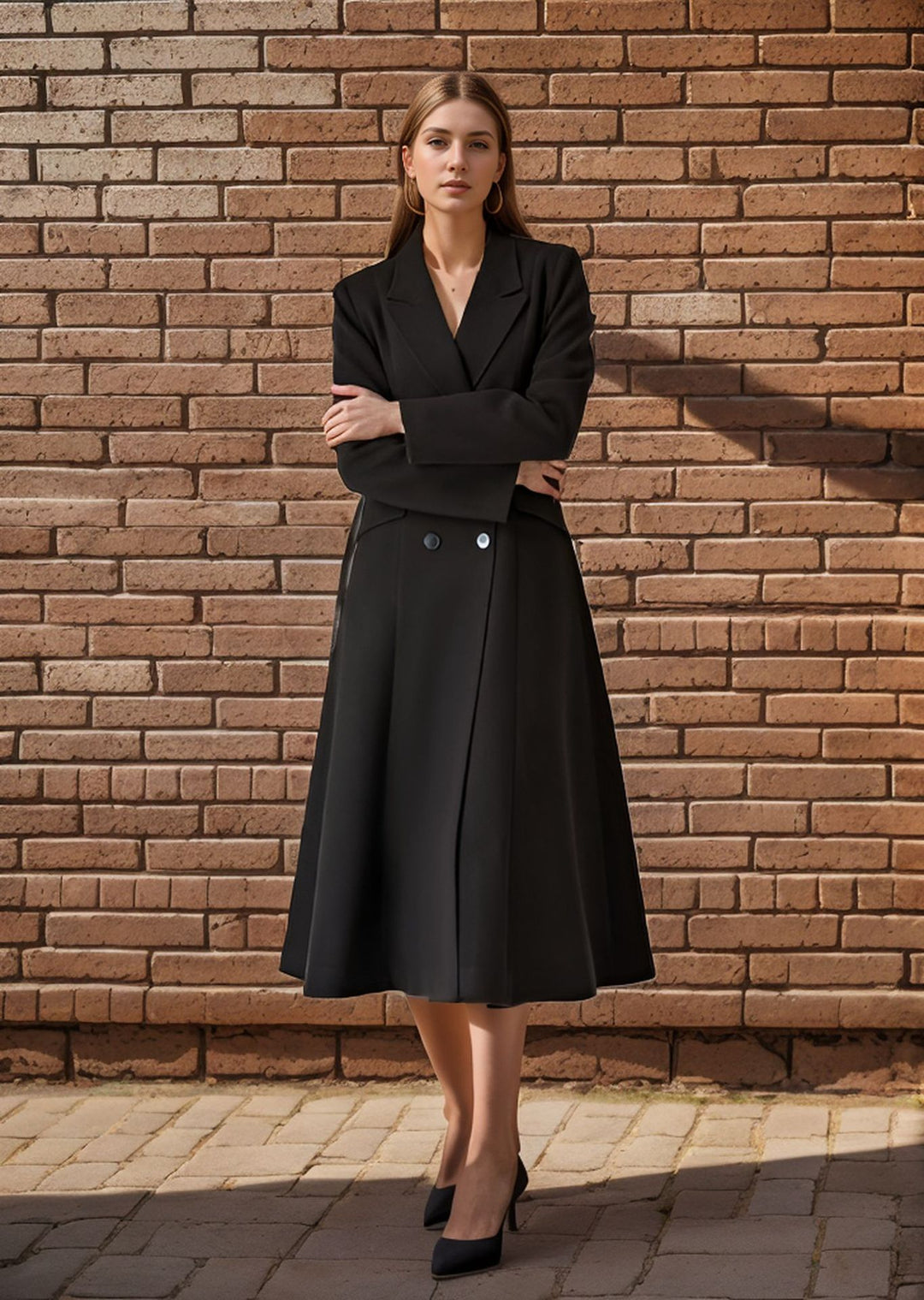 Damen eleganter Maximantel mit doppelter Knopfreihe und weit schwingendem Rock Drune