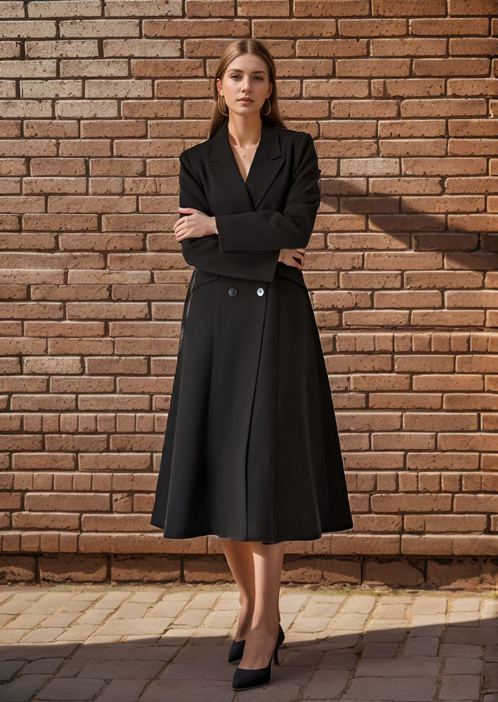 Damen eleganter Maximantel mit doppelter Knopfreihe und weit schwingendem Rock Drune