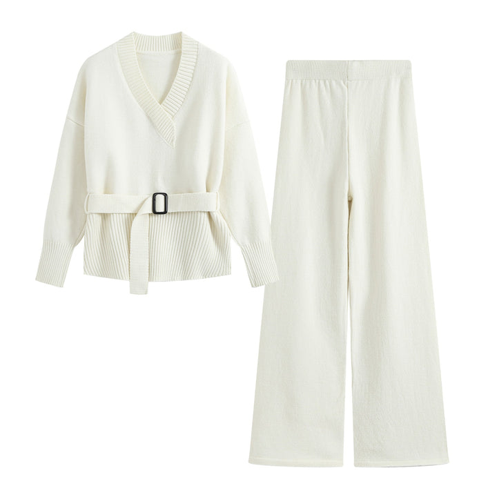 Damen Feiner Strickzweiteiler mit V‑Ausschnitt, Taillengürtel und weiter Bündchenhose Drune