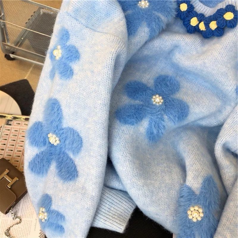 Damen Strickpullover mit floralen Applikationen und Perlendetails Drune
