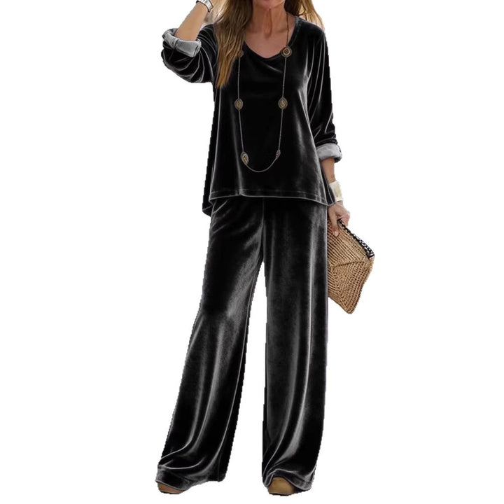 Damen Elegantes Samt-Zweiteiler Lounge-Set mit V-Ausschnitt und weitem Bein Drune