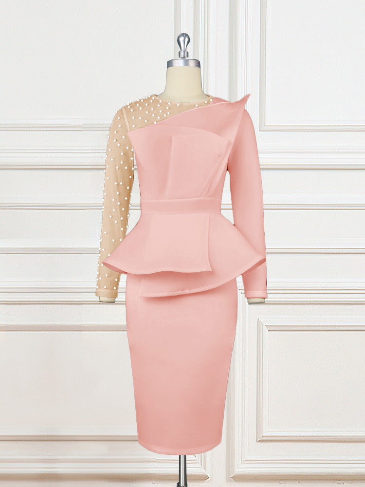 Damen figurbetontes Abendkleid mit transparenten Puffärmeln und voluminösem Oberteil Drune