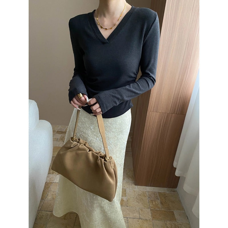 Damen figurbetontes Longsleeve-Oberteil mit tiefem V-Ausschnitt und Raffung Drune
