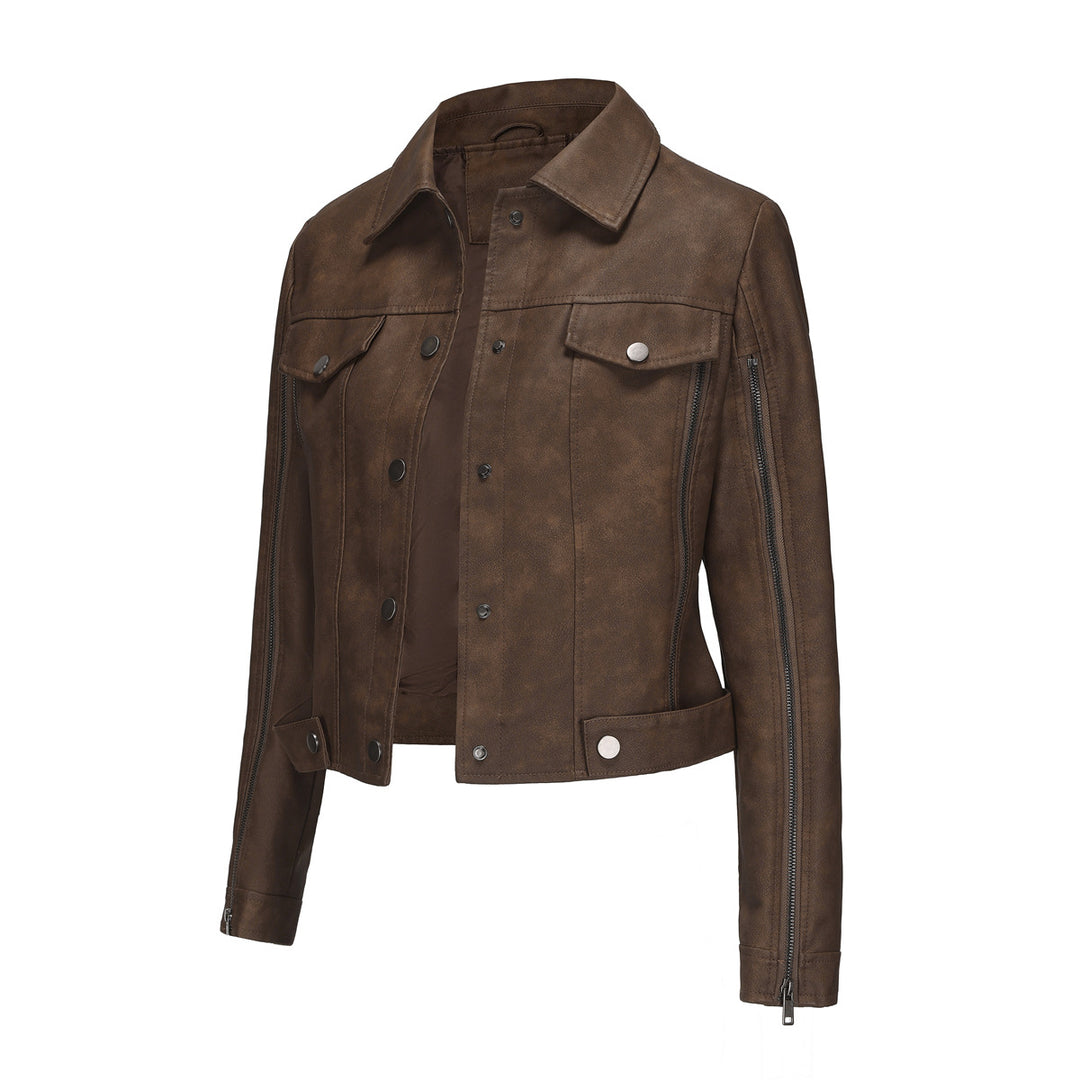 Damen nan kurze Cropped-Truckerjacke aus Wildlederoptik mit seitlichen Reißverschlüssen und aufgesetzten Brusttaschen Drune