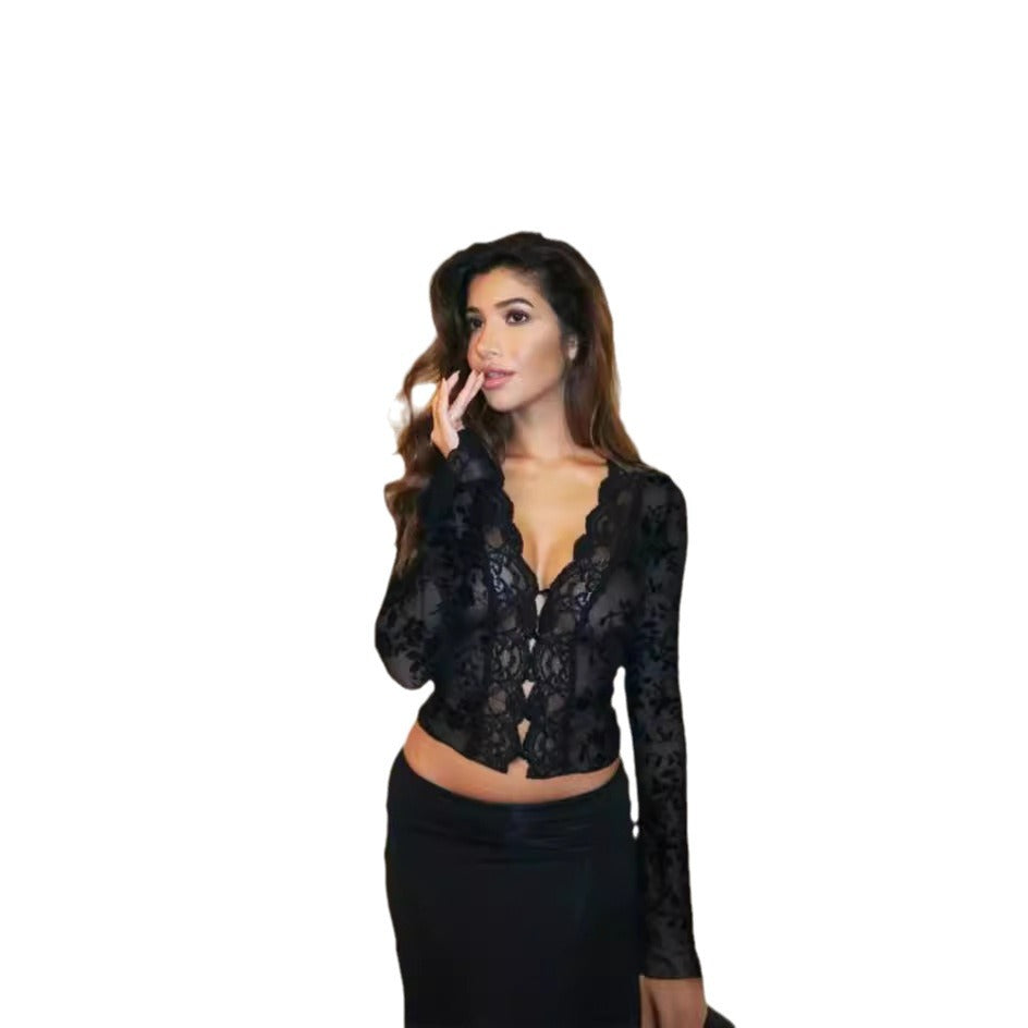 Damen Spitzenbluse mit Leopardmuster und romantischen Rüschen Drune