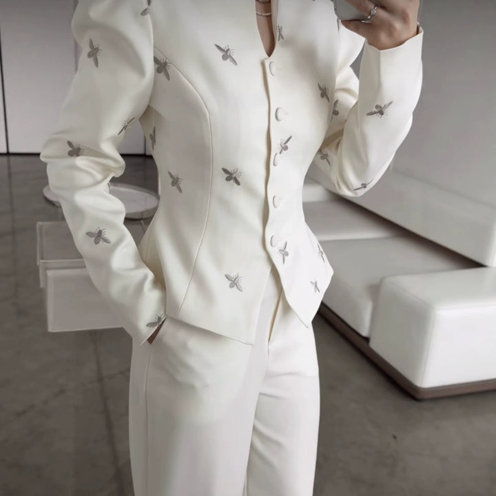Damen Taillierter Peplum‑Blazer mit geschwungenem Stehkragen und Puffschulter‑Details Drune