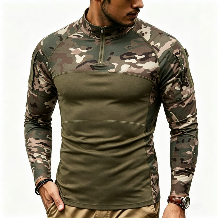 Herren Kompressions-Langarmtop mit Halbzip und taktischem Camouflage-Design Drune
