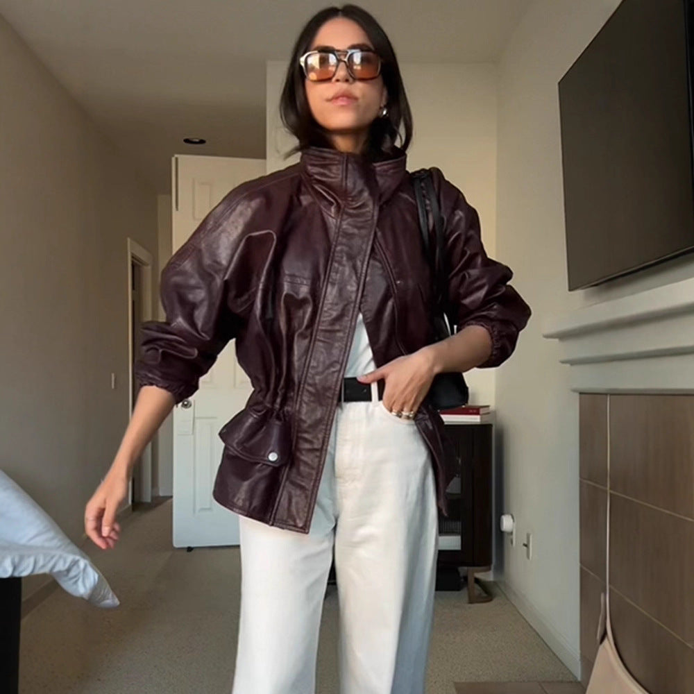 Damen Oversize Lederimitat-Blouson mit hohem Stehkragen und Taillenzug Drune