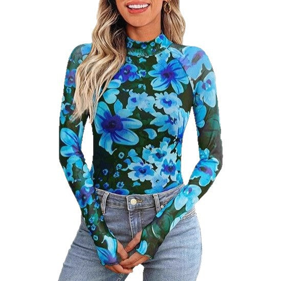 Damen Transparentes Mesh-Longsleeve mit Blumenprint und Stehkragen Drune