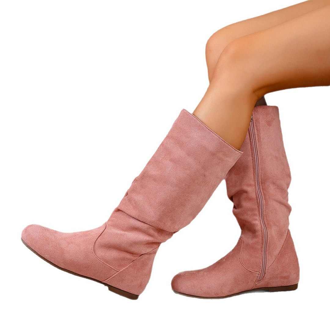 Damen kniehoher Slouch-Stiefel mit seitlichem Reißverschluss und flacher Profilsohle Drune