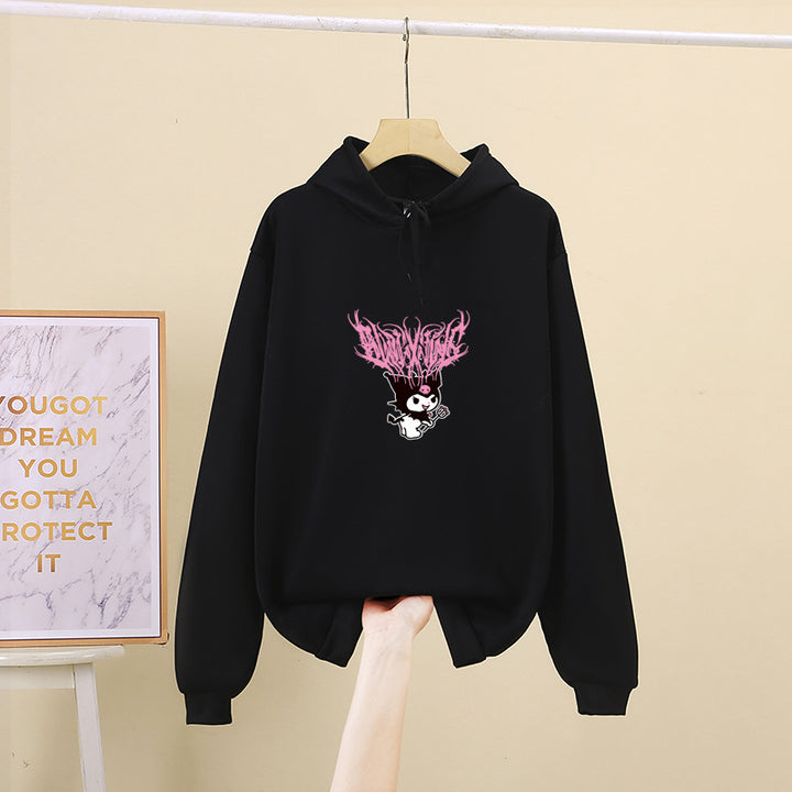 Damen nan Kapuzenpullover mit Gothic‑Kawaii Print, Oversize‑Schnitt und weichem Fleeceinnenfutter Drune