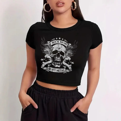 Damen Crop-T-Shirt mit modernem Grafiken-Aufdruck Drune