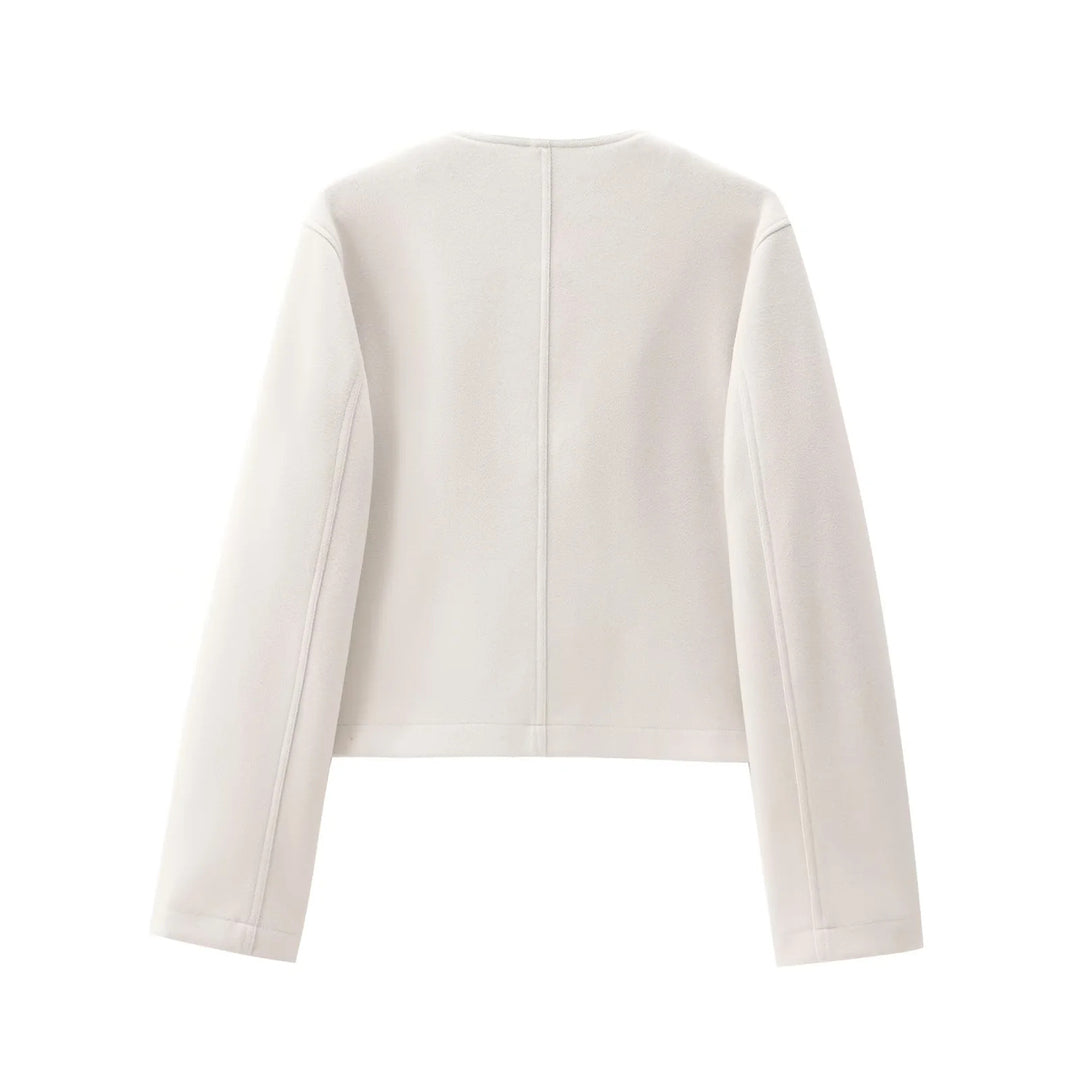 Damen nan kurz geschnittene Overshirt-Jacke mit Rundhals, Druckknopfleiste und aufgesetzten Pattentaschen Drune