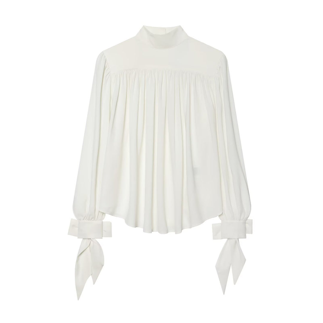 Damen Bluse mit hohem Rollkragen, gerafftem Vorderteil und Schleifenärmeln Drune