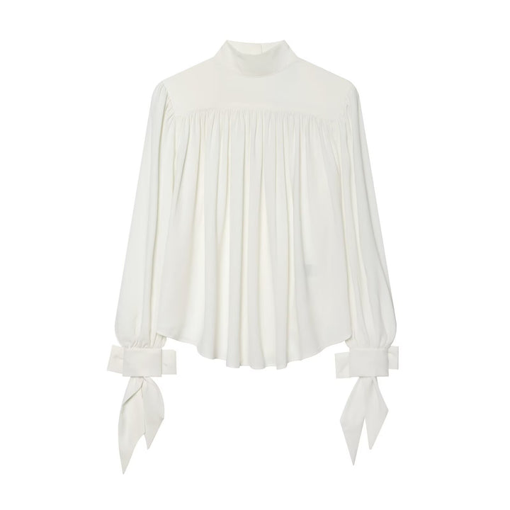 Damen Bluse mit hohem Rollkragen, gerafftem Vorderteil und Schleifenärmeln Drune