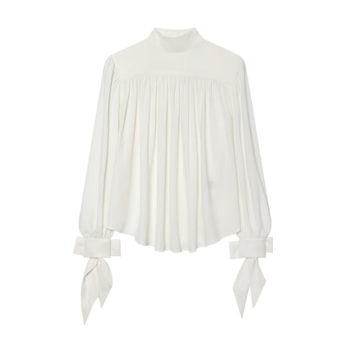 Damen Bluse mit hohem Rollkragen, gerafftem Vorderteil und Schleifenärmeln Drune