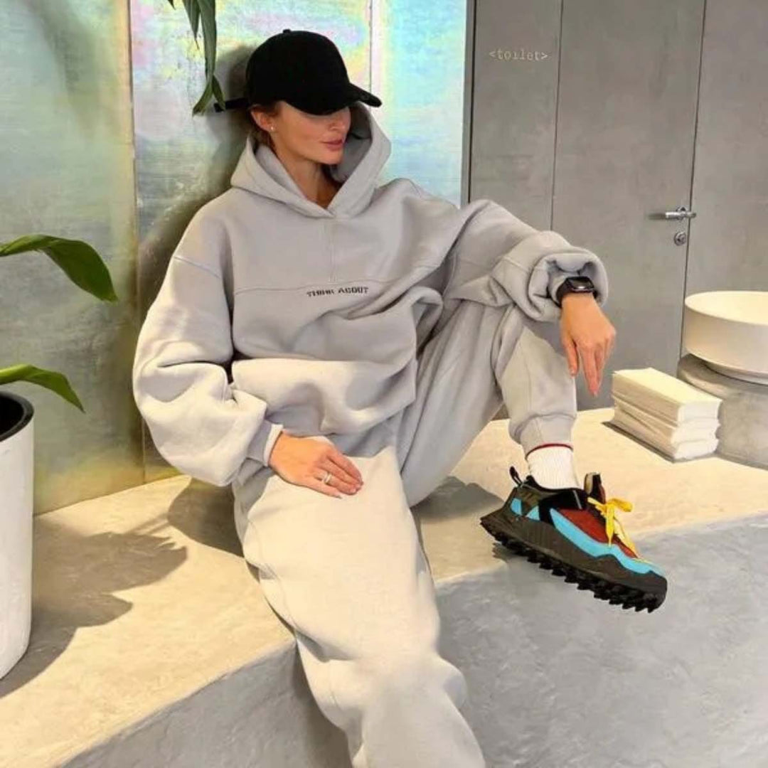 Damen Oversized Kapuzenpullover mit Statement-Print und elastischer High-Waist Jogginghose Set Drune