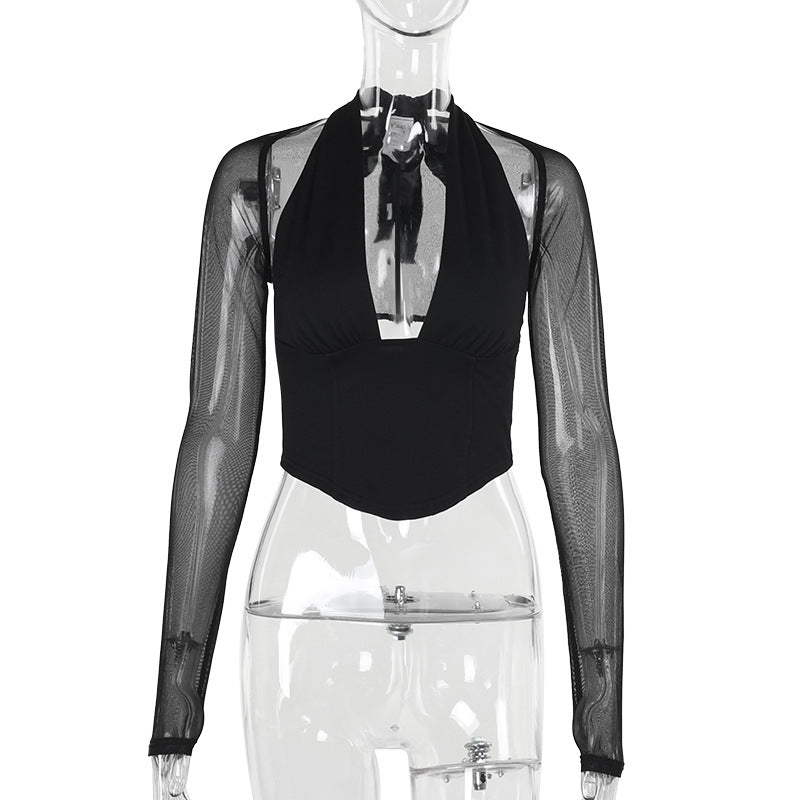 Damen Hochgeschlossenes Crop-Top mit transparenten Ärmeln Drune