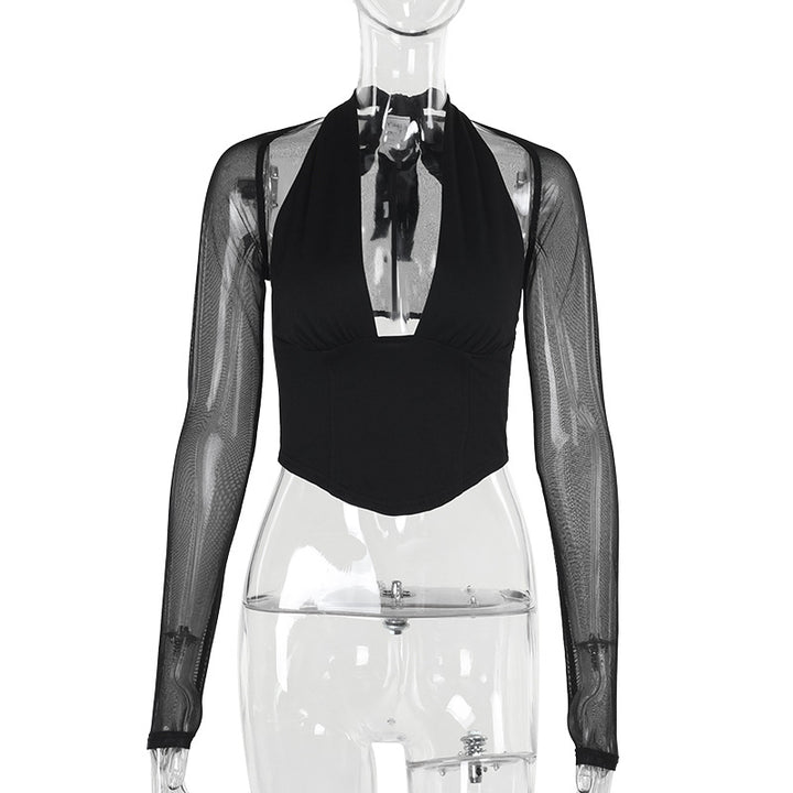 Damen Hochgeschlossenes Crop-Top mit transparenten Ärmeln Drune