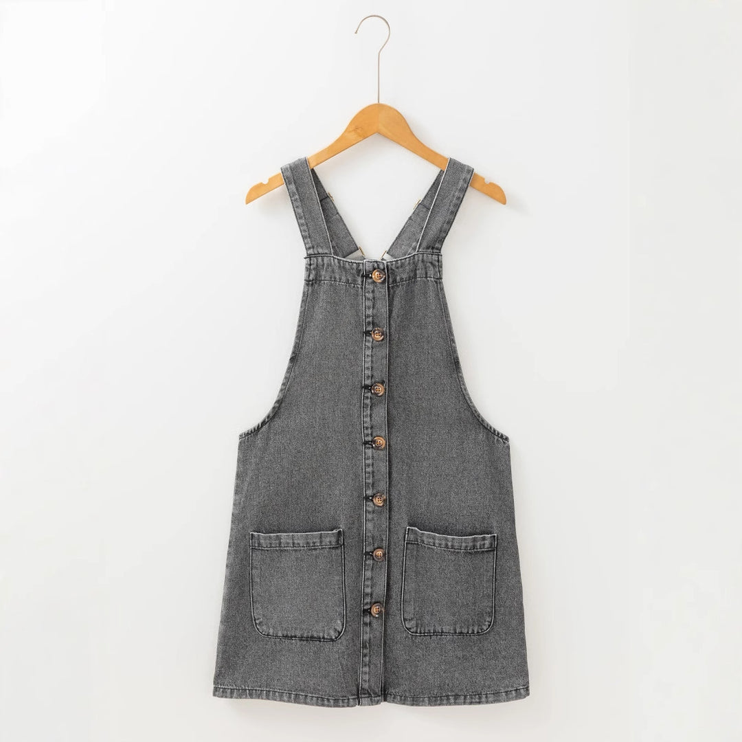 Damen Jeans-Latzkleid mit praktischen Taschen und Knopfdetails Drune