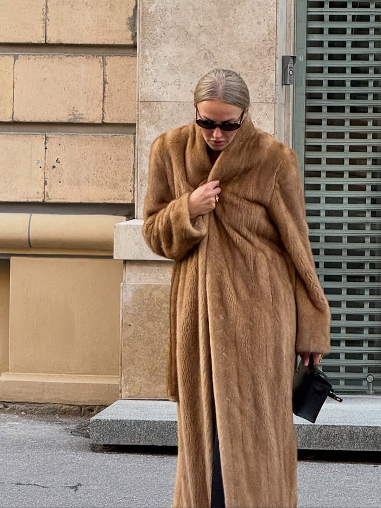 Damen Luxuriöser langer Pelzmantel mit Schalkragen und kaschierendem Oversize-Schnitt Drune