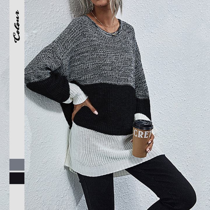 Damen Longline-Grobstrickpullover mit Farbbalken, Rundhalsausschnitt und leicht überschnittener Schulter Drune