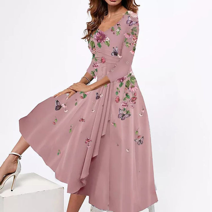 Damen Wickel-Midi-Kleid mit Blumenmuster, asymmetrischem Stufenschnitt und tailliertem Bindegürtel Drune