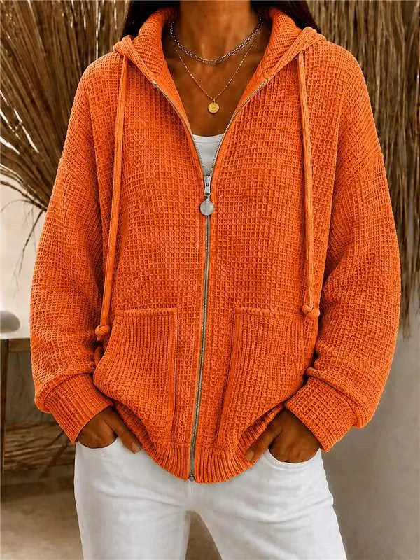 Damen Oversize Waffelstrick-Kapuzenjacke mit Reißverschluss und aufgesetzten Taschen Drune