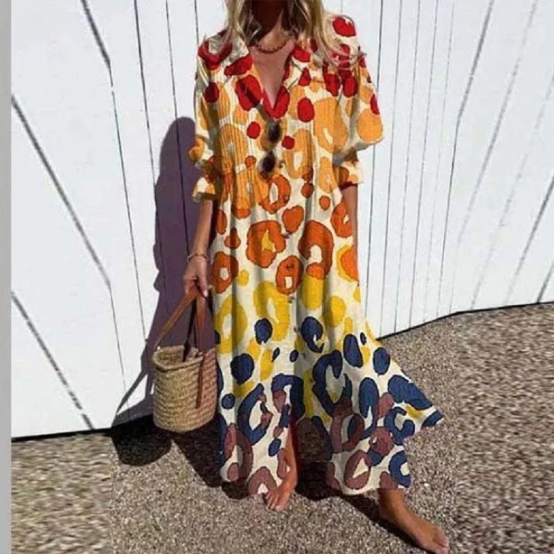 Frauen Fließendes Maxikleid mit Durchgehendem Knopfverschluss V-Ausschnitt und Volksdruck Drune