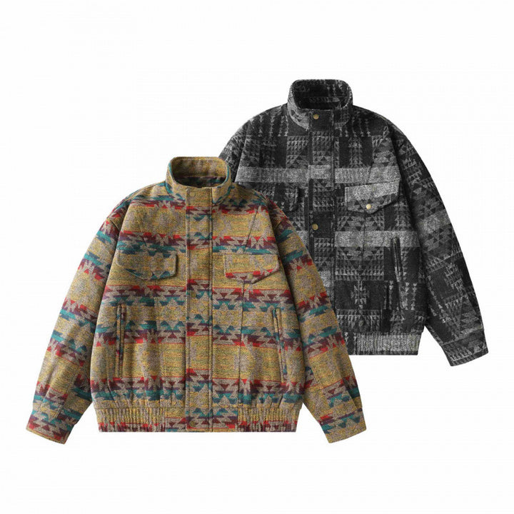 Unisex Kastenförmige Jacquard-Wolljacke im Bomberstil mit Stehkragen, Pattentaschen und elastischem Saum Drune