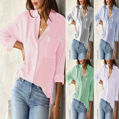 Damen Langarm Bluse mit feinen Streifen und Brusttasche Drune