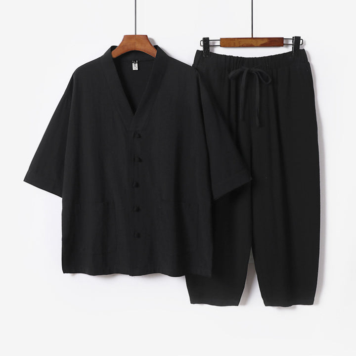 Unisex Leichtes Kimono-Lounge-Set aus Baumwoll-Leinen mit Kurzarmjacke und Kordelbund-Hose Drune