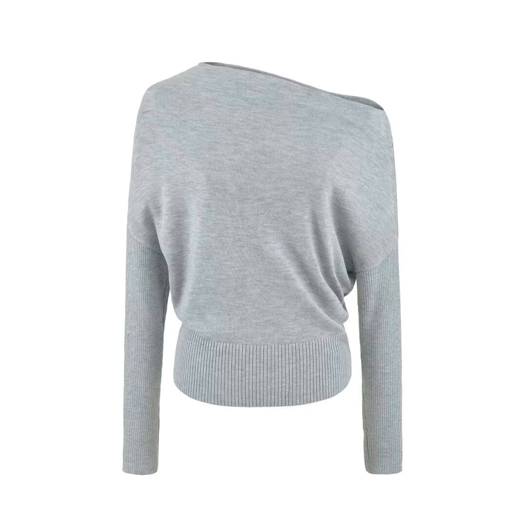 Damen Oversize One-Shoulder Pullover mit Fledermausärmeln und breitem Rippenbund Drune