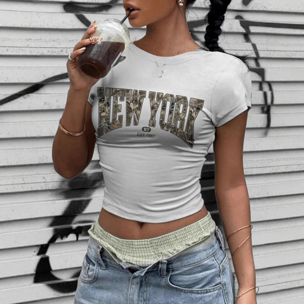 Damen Crop-T-Shirt mit auffälligem New York Grafikdruck Drune