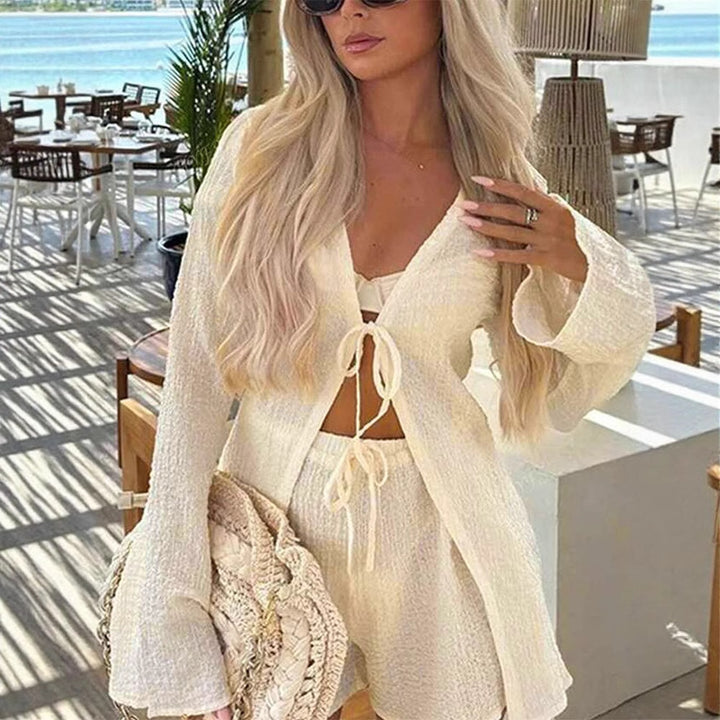 Damen lässiges Set mit langärmliger Bluse und Shorts Drune