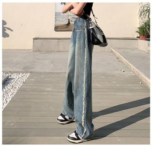 Damen Weit geschnittene Denim-Jeans mit Fransen und hohen Beinen Drune