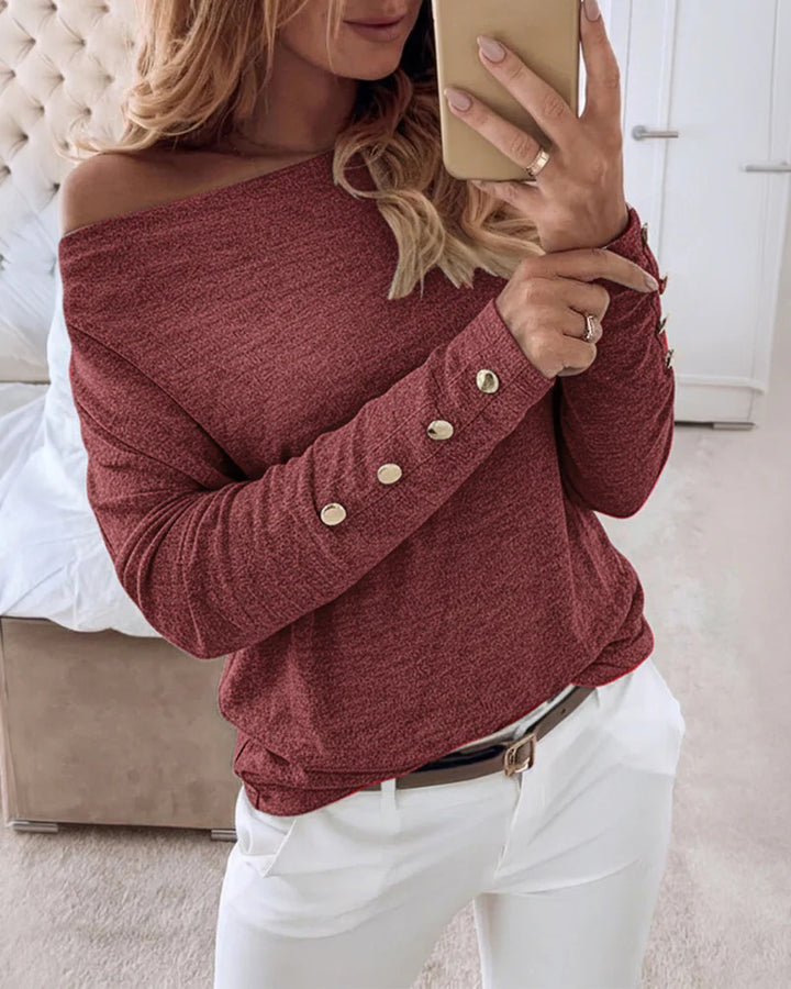 Damen Offshoulder Feinstrickpullover mit Zierknopfleiste an den Ärmeln Drune