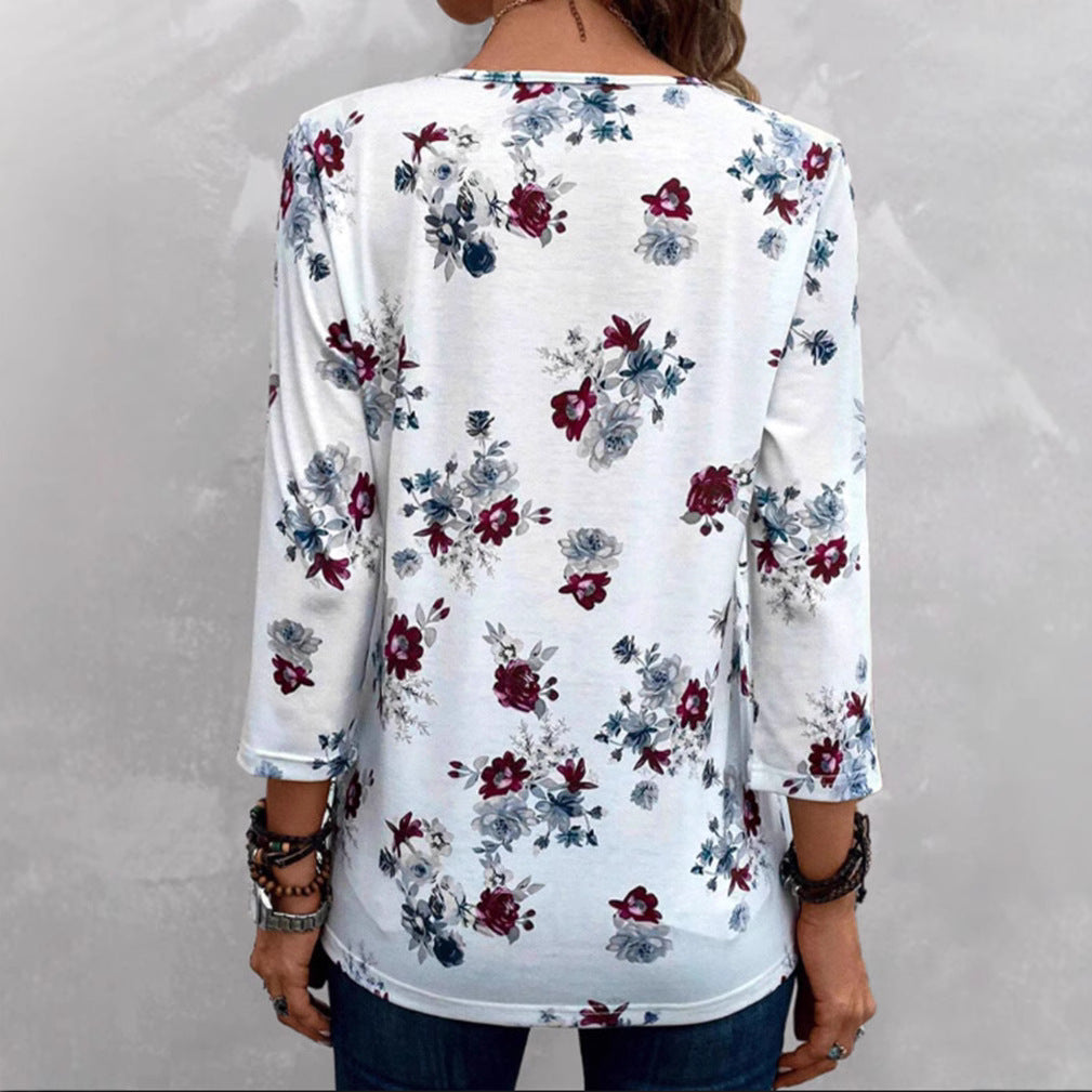 Damen nan florale Tunika-Bluse mit Kellerfalten und Zierknopfleiste Drune