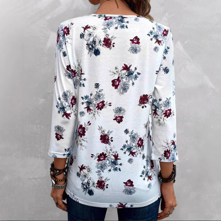 Damen nan florale Tunika-Bluse mit Kellerfalten und Zierknopfleiste Drune