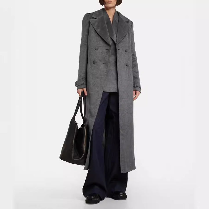 Damen Bodenlanger Zweireihiger Mantel im Vintage-Tailoring mit breitem Schalkragen Drune