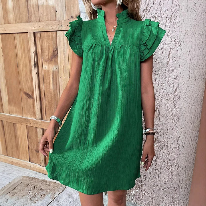 Damen Crinkle-Minikleid mit Stehkragen, V-Ausschnitt und Volantärmeln Drune