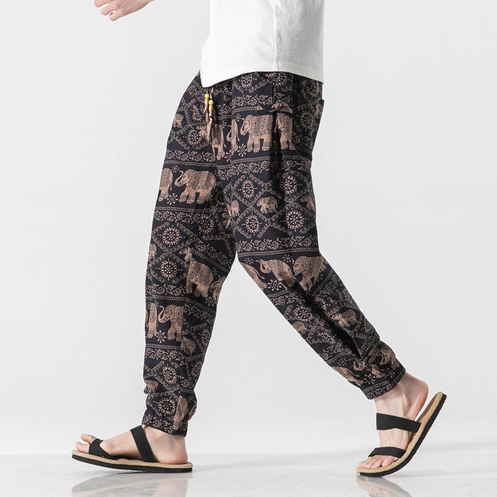 Unisex nan lässige Boho-Haremshose mit Elefantenmuster, elastischem Bund und Bündchen Drune
