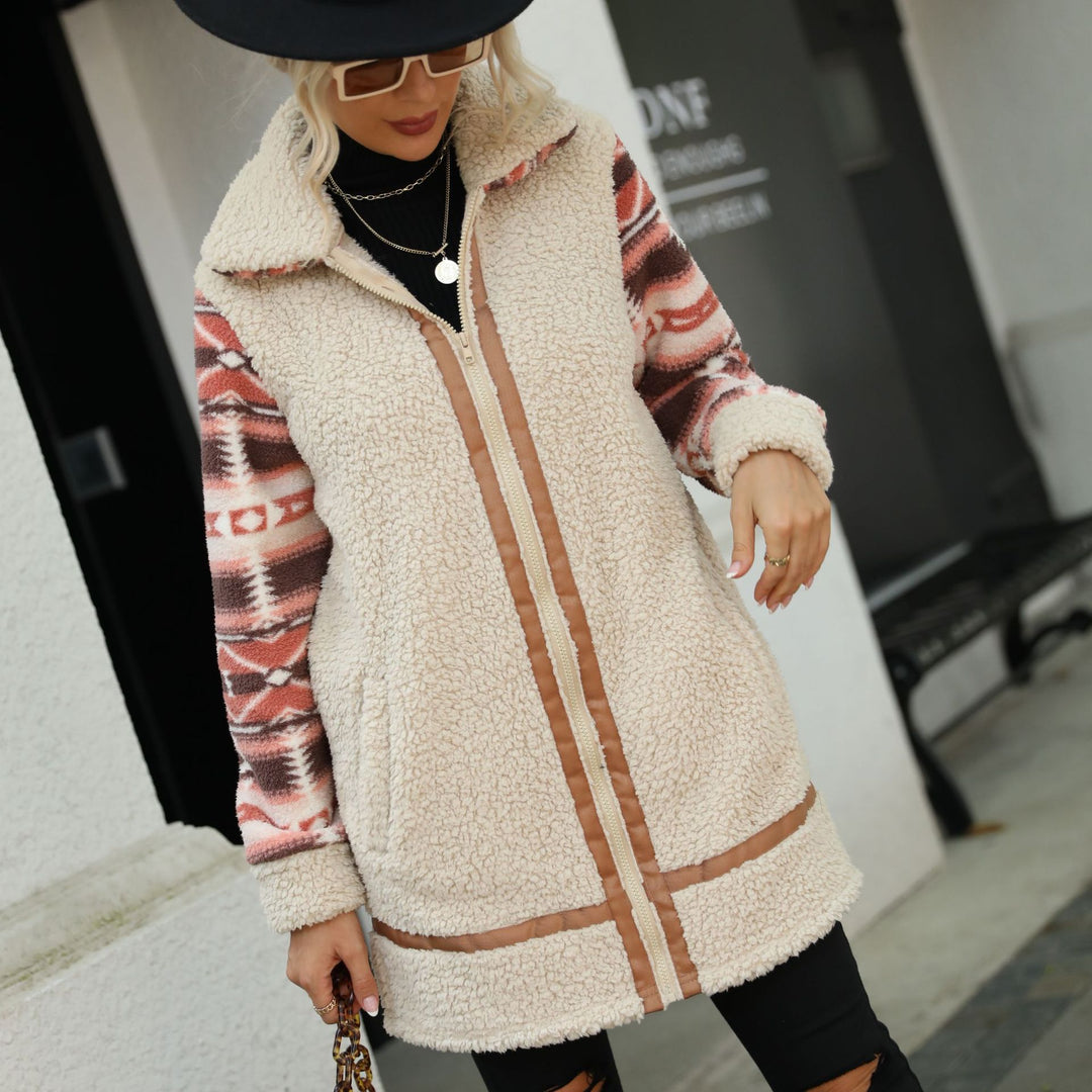 Damen Fleecefutter lange Jacke mit modischem Muster und praktisch integrierten Taschen Drune