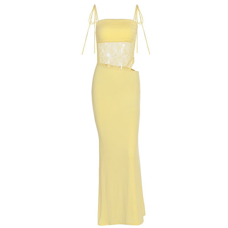 Damen elegantes langes Kleid mit raffiniertem Spitzenoberteil und verstellbaren Trägern Drune
