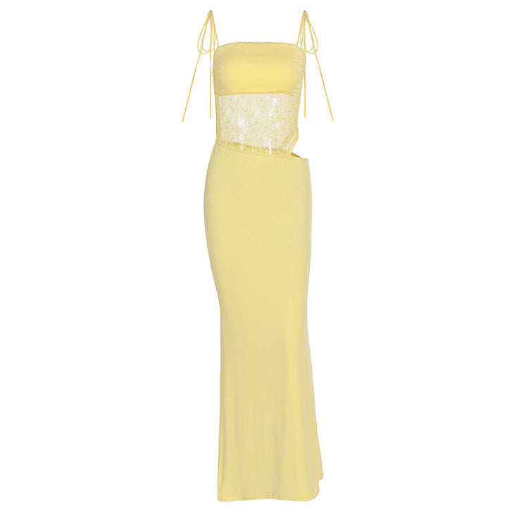 Damen elegantes langes Kleid mit raffiniertem Spitzenoberteil und verstellbaren Trägern Drune