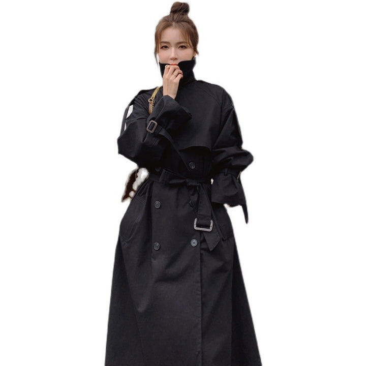 Damen Oversize-Trenchcoat mit Taillengürtel, doppelter Knopfleiste und Sturmklappe Drune