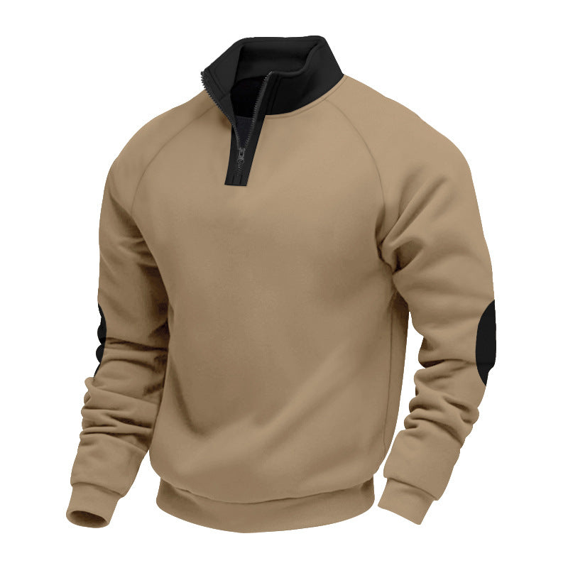 Herren modischer Sweatpullover mit halbem Reißverschluss und kontrastierenden Ellenbogenpatches Drune