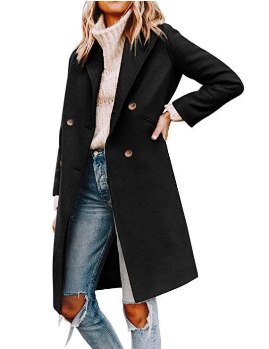 Damen eleganter, klassischer Wollmantel mit doppelter Knopfreihe und praktischen Taschen Drune